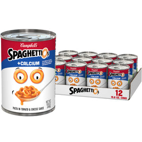 SpaghettiOs twelve-pack calcium cans offer quick family meals.