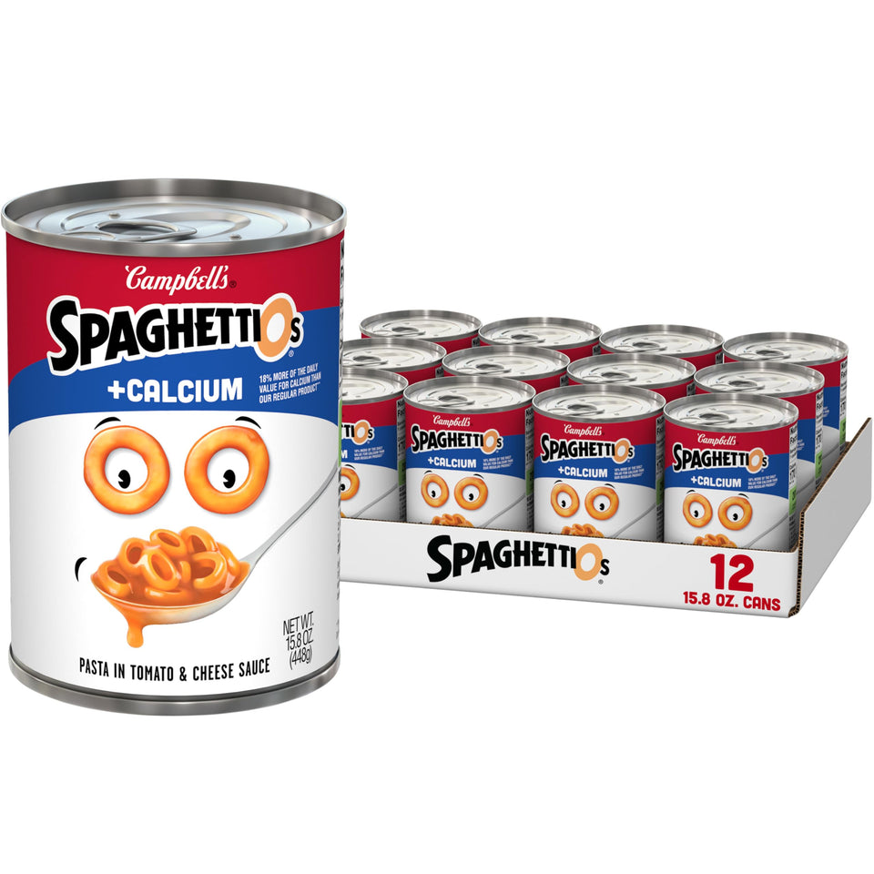 SpaghettiOs twelve-pack calcium cans offer quick family meals.