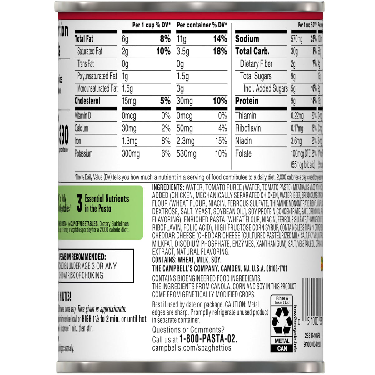 SpaghettiOs recyclable can highlights easy disposal.
