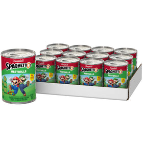 SpaghettiOs Super Mario Bros can with meatballs close-up showing texture and protein