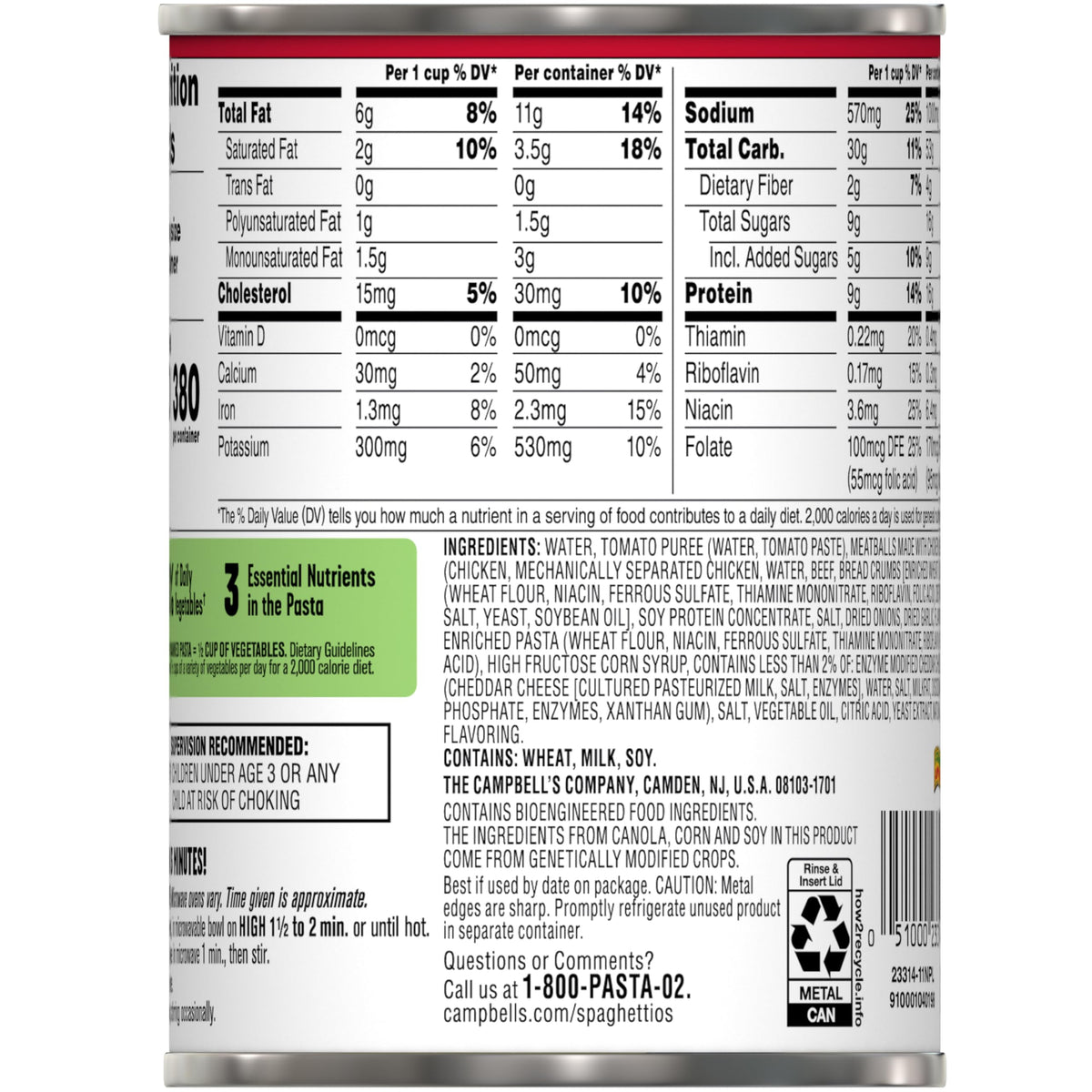 SpaghettiOs vegetables-per-serving highlight balance in a kid-friendly meal.