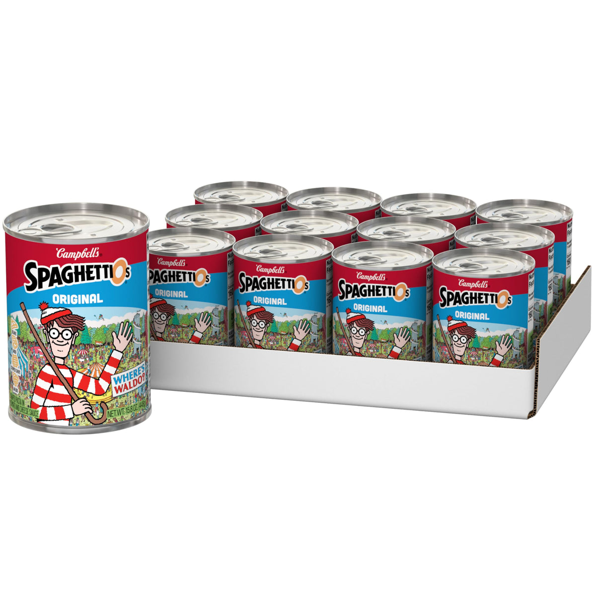 SpaghettiOs Where's Waldo shapes front view, kid-friendly meal option.