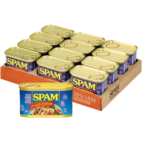 SPAM 25% Less Sodium 12-pack cans ready for pantry meals and quick prep.