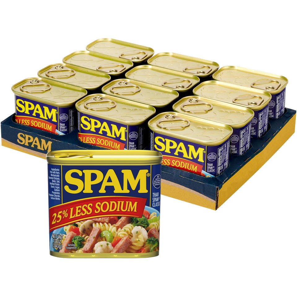 SPAM 25% Less Sodium cans pack display on shelf for easy meals.