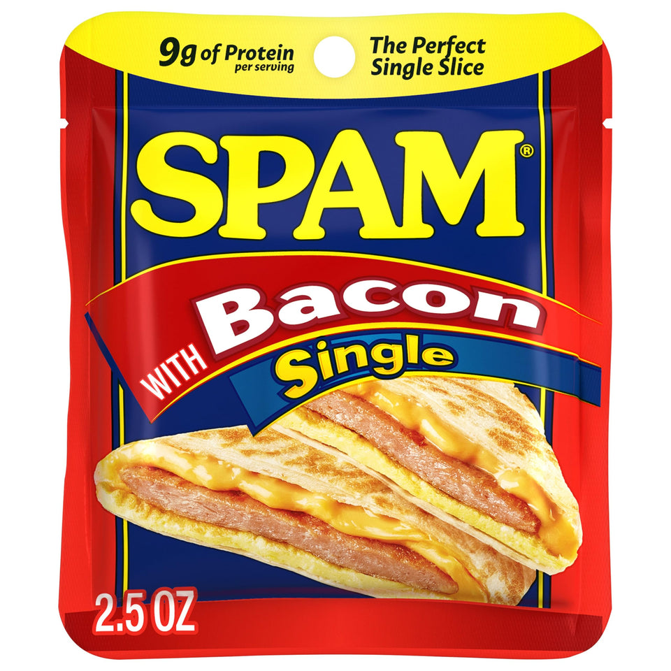 SPAM Single Bacon 2.5oz pouch, ready to eat for quick breakfasts