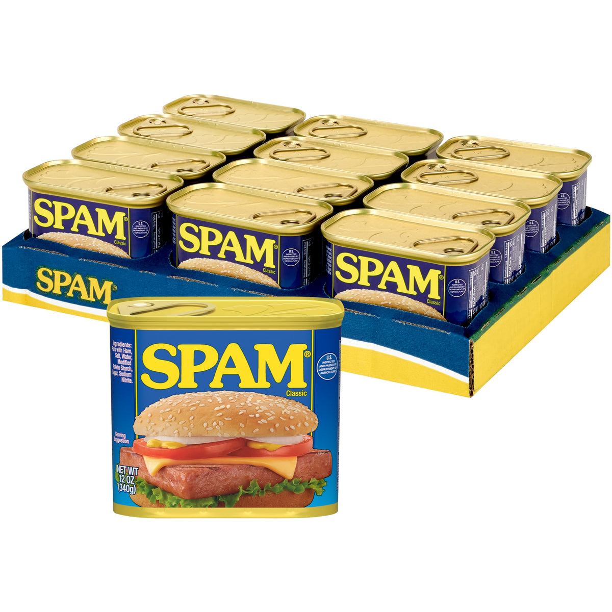 SPAM Classic can front view for pantry staples and quick meals.