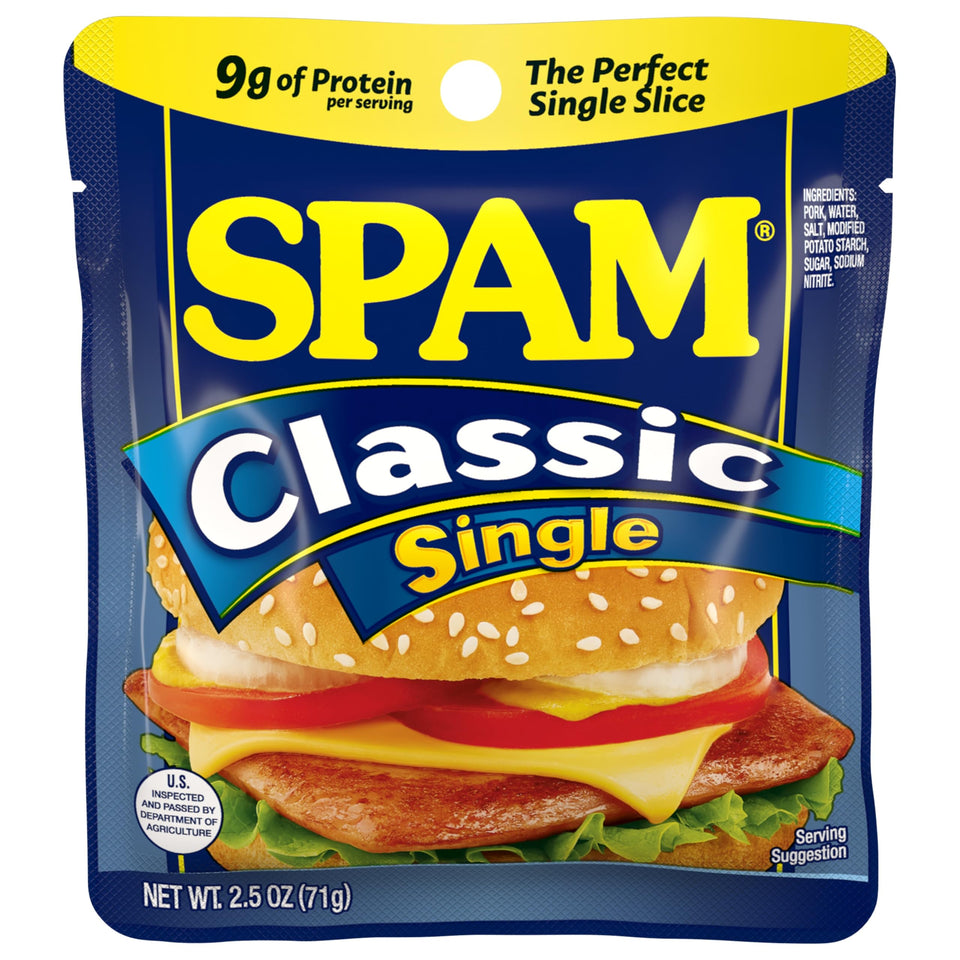 SPAM Classic 2.5oz pouch on a kitchen counter for quick meal ideas