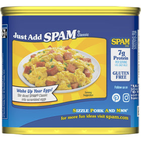 SPAM fully cooked shelf-stable meat can ready for quick meals.