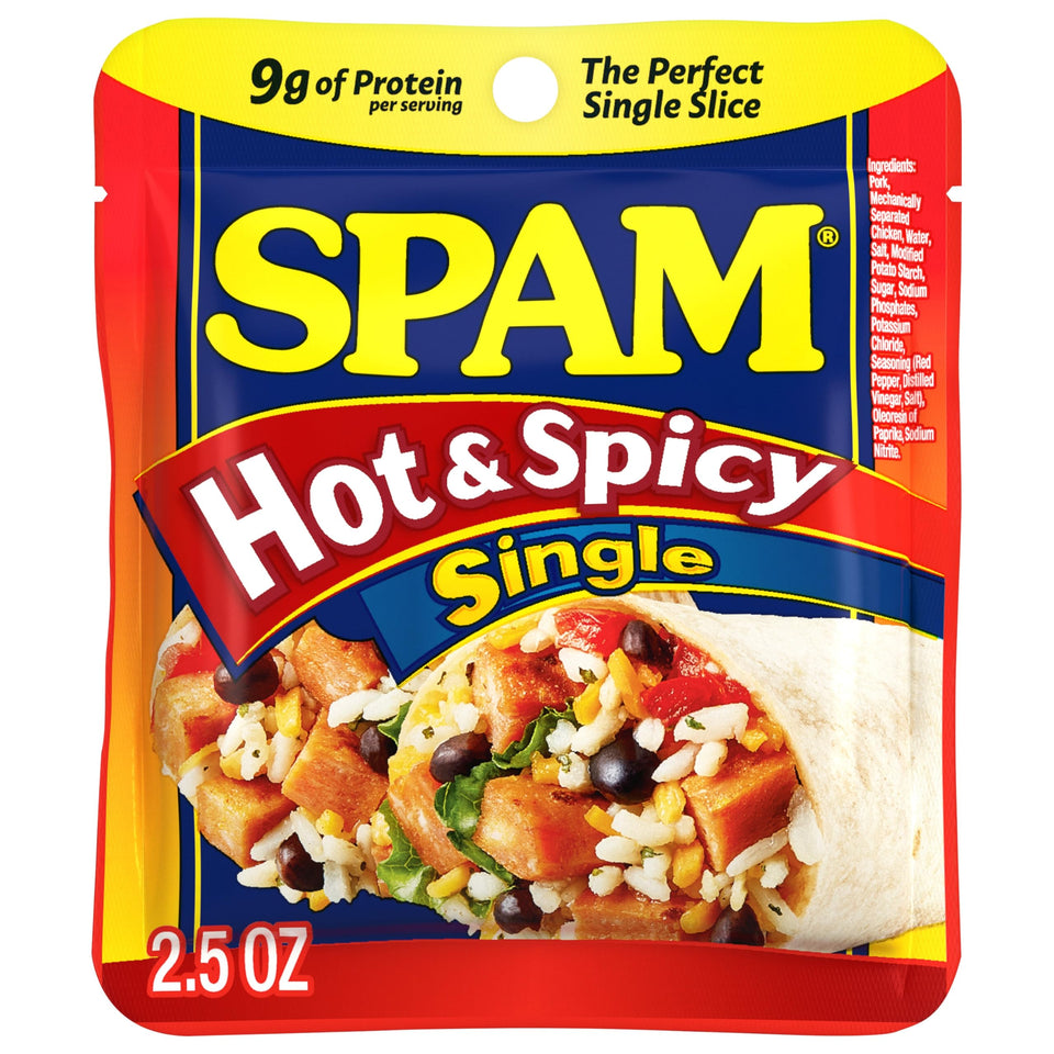 SPAM Hot & Spicy open pouch ready for quick meals and snacks
