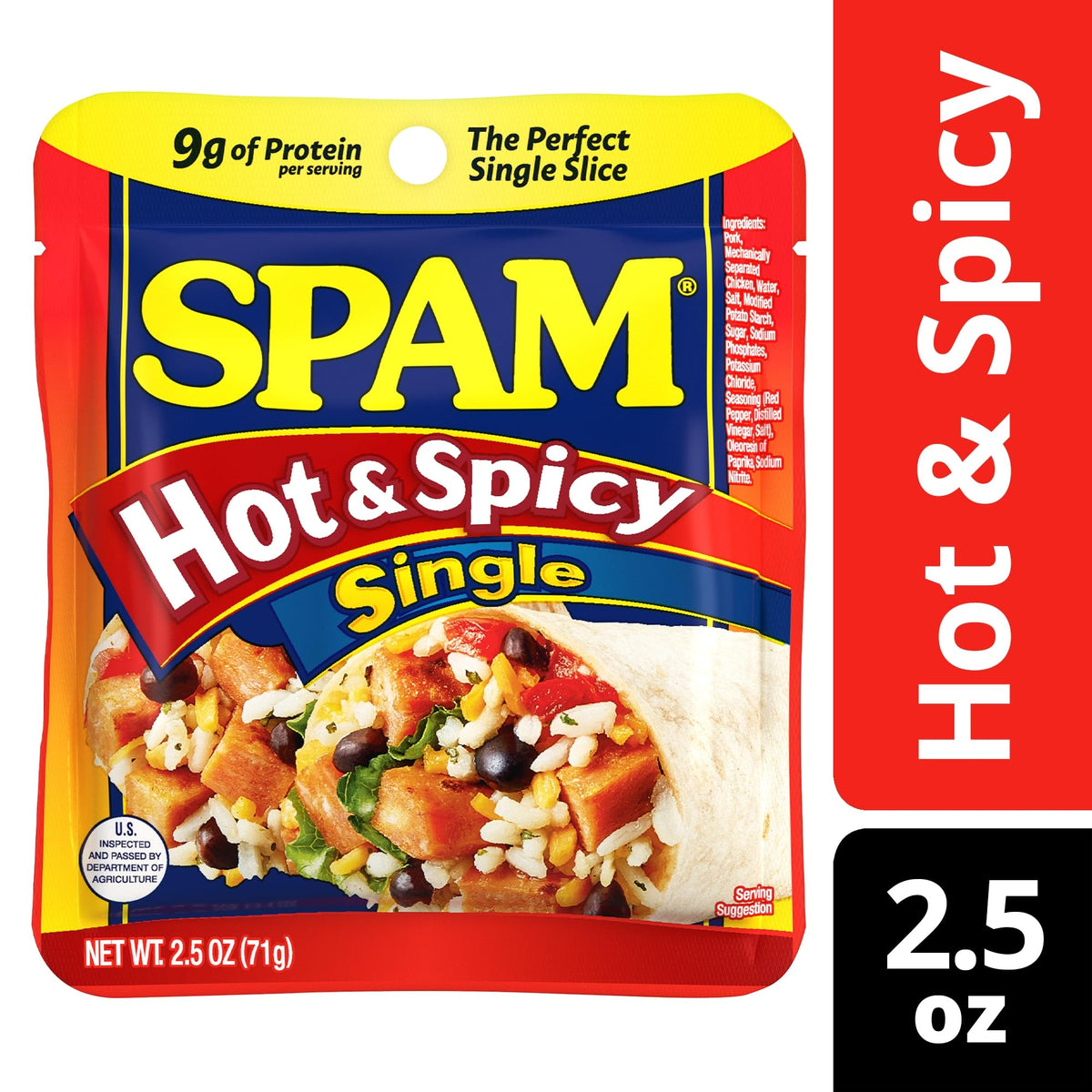 SPAM Hot & Spicy in a sizzling pan with peppers and aroma