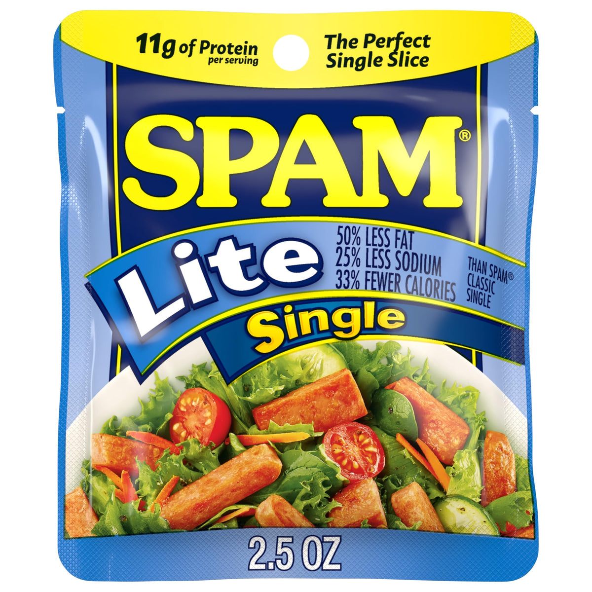 SPAM Lite Single Pouch closeup of slices, ideal for quick breakfasts.