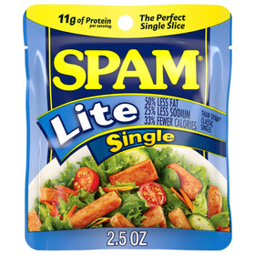 SPAM Lite Single Pouch closeup of slices, ideal for quick breakfasts.