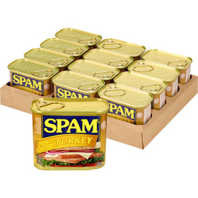 SPAM Oven Roasted Turkey can side view shows lean turkey meat for quick meals.