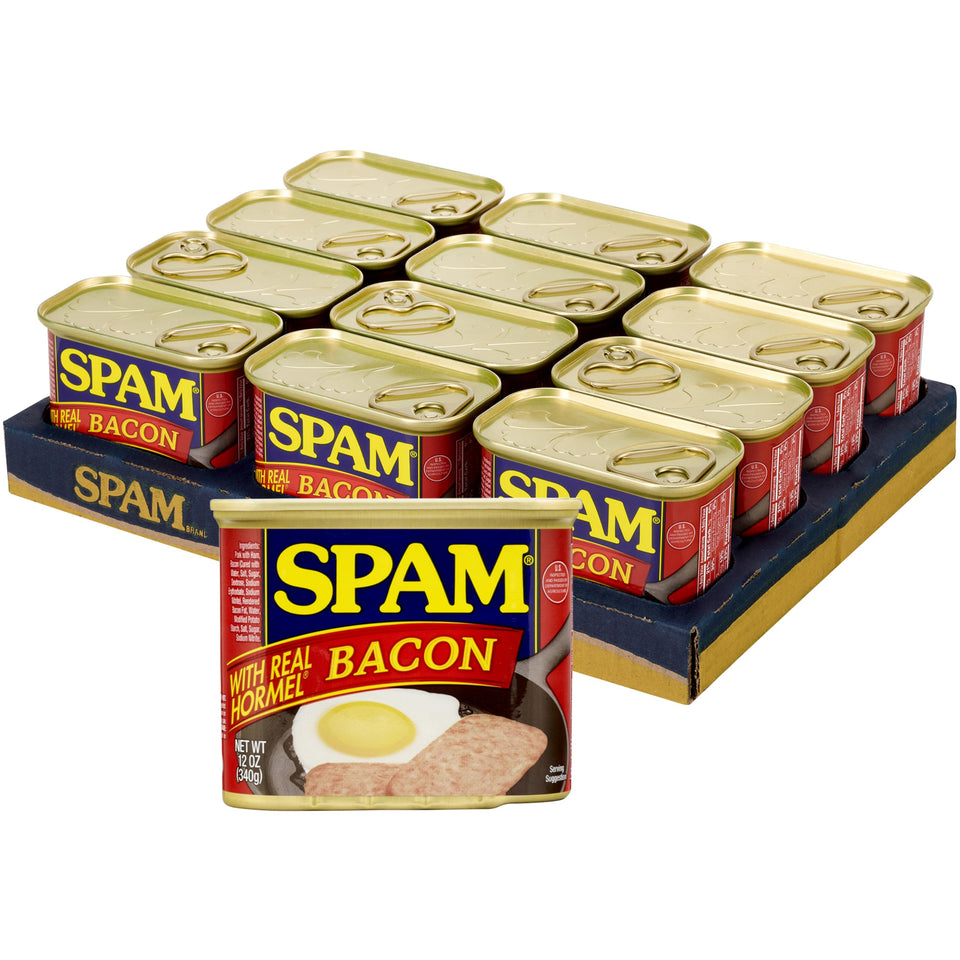 SPAM Real Hormel Bacon can front, quick family meals ready.