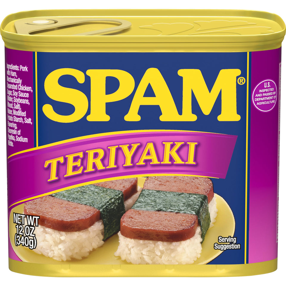 SPAM Teriyaki pack-12 can label showing shelf-stable convenience for quick meals