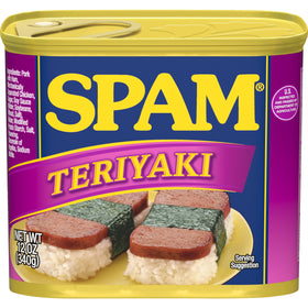 SPAM Teriyaki pack-12 can label showing shelf-stable convenience for quick meals