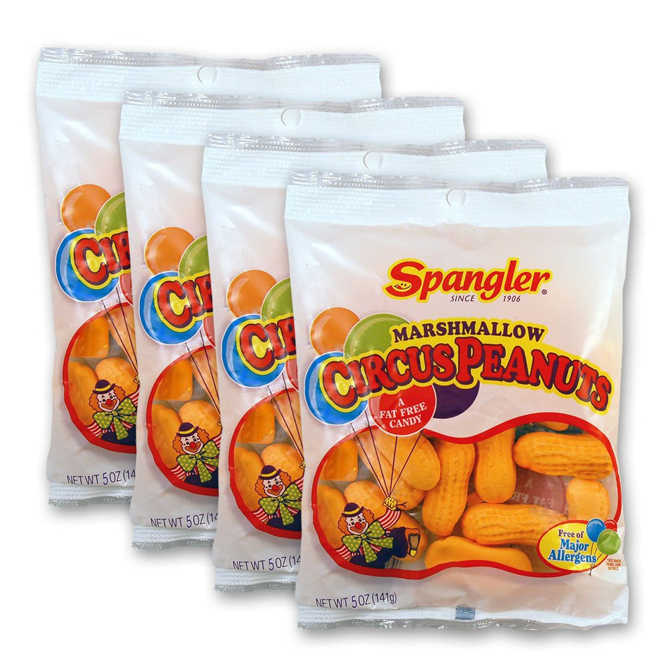 Spangler Circus Peanuts 4-5 oz bag for nostalgic, on-the-go snacking.