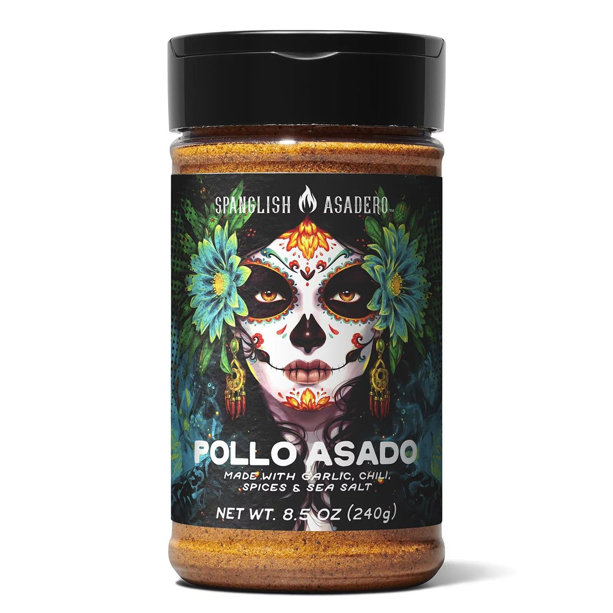 Spanglish Asadero seasoning bottle adds mild heat and rich flavor to dishes.