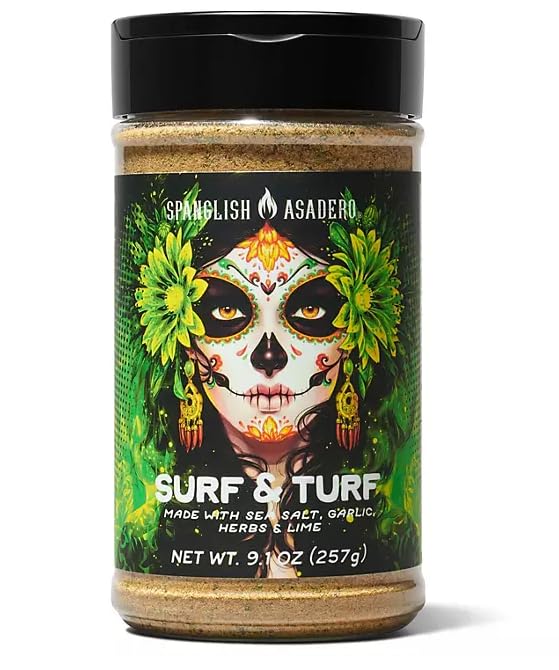 Spanglish Asadero Surf & Turf Seasoning bottle highlighting the 9.1 oz size