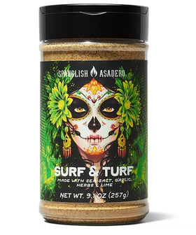 Spanglish Asadero Surf & Turf Seasoning bottle highlighting the 9.1 oz size