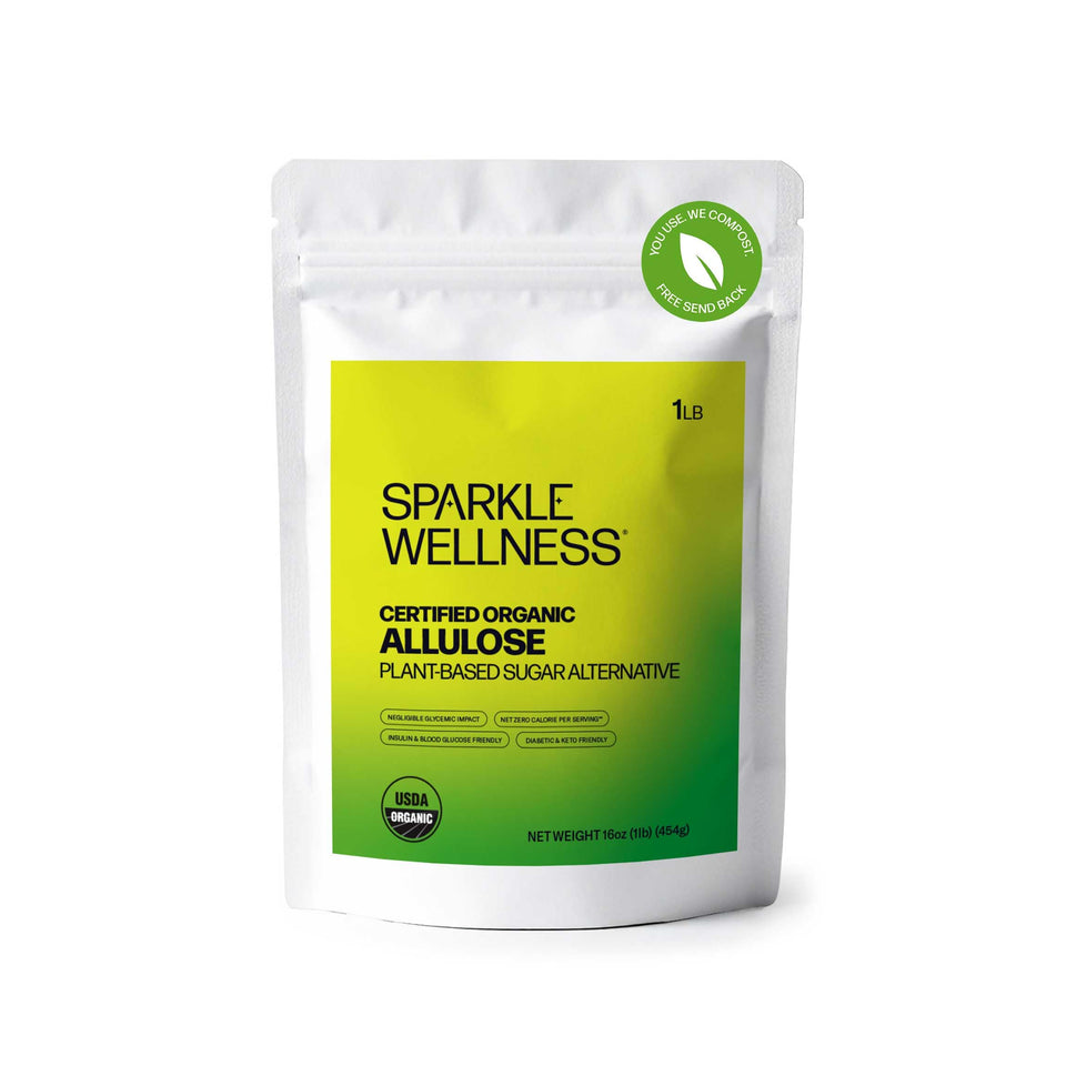 Sparkle Wellness Organic Allulose bottle on the counter, showcasing zero glycemic sweetness.