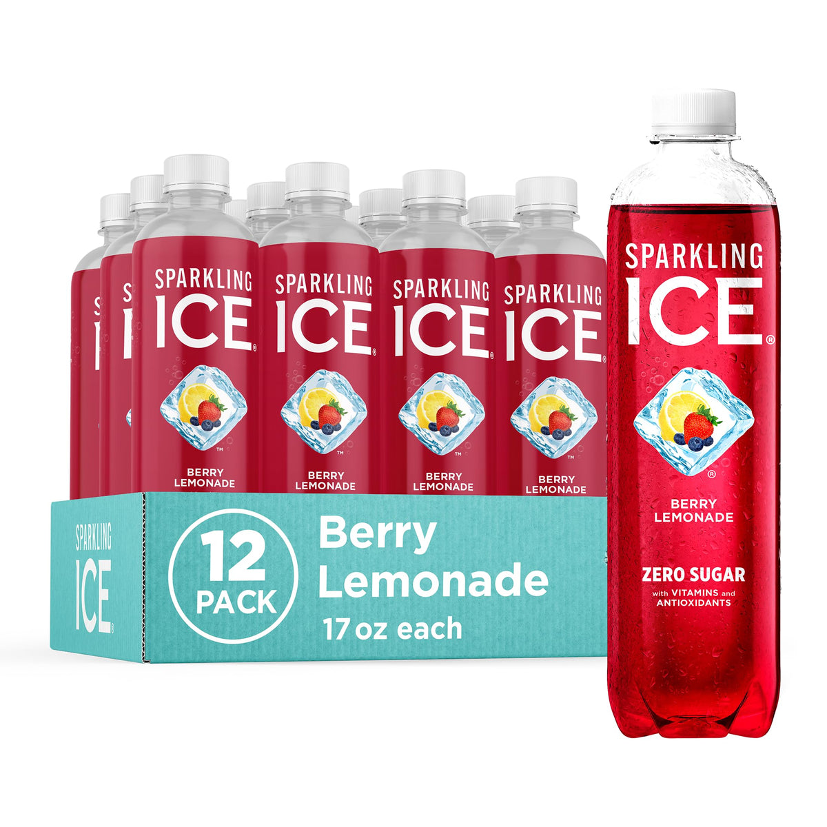 Sparkling Ice Berry Lemonade bottle close-up showcasing bold berry flavor and zero sugar.