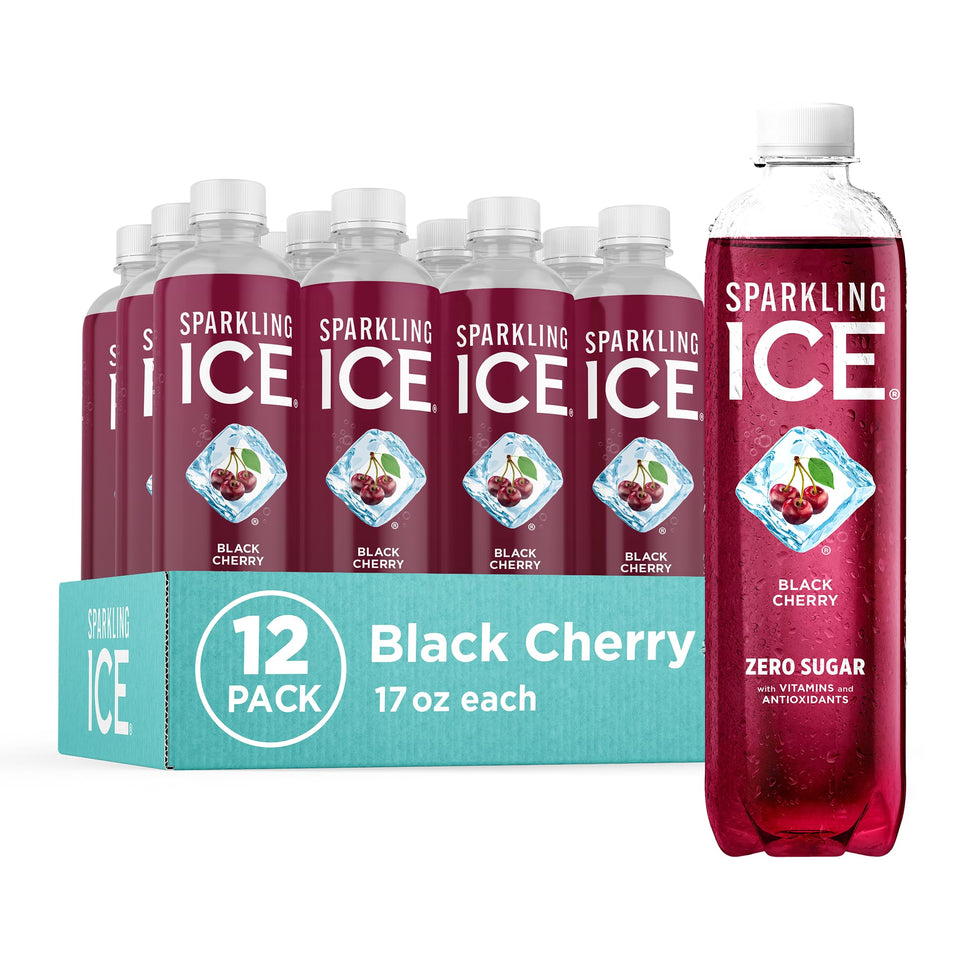Sparkling Ice Black Cherry bottle front shows zero sugar and low calories.