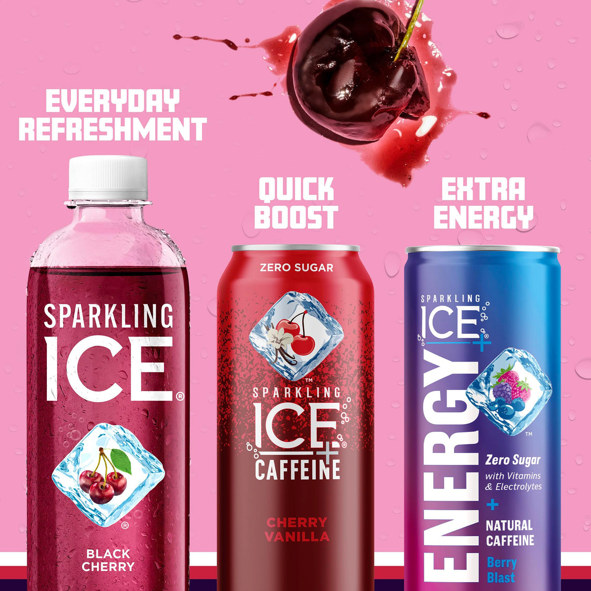 Sparkling Ice Black Cherry label close-up emphasizes natural color from fruit.