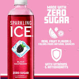 Close-up of Sparkling Ice Black Raspberry label highlighting vitamins and antioxidants.