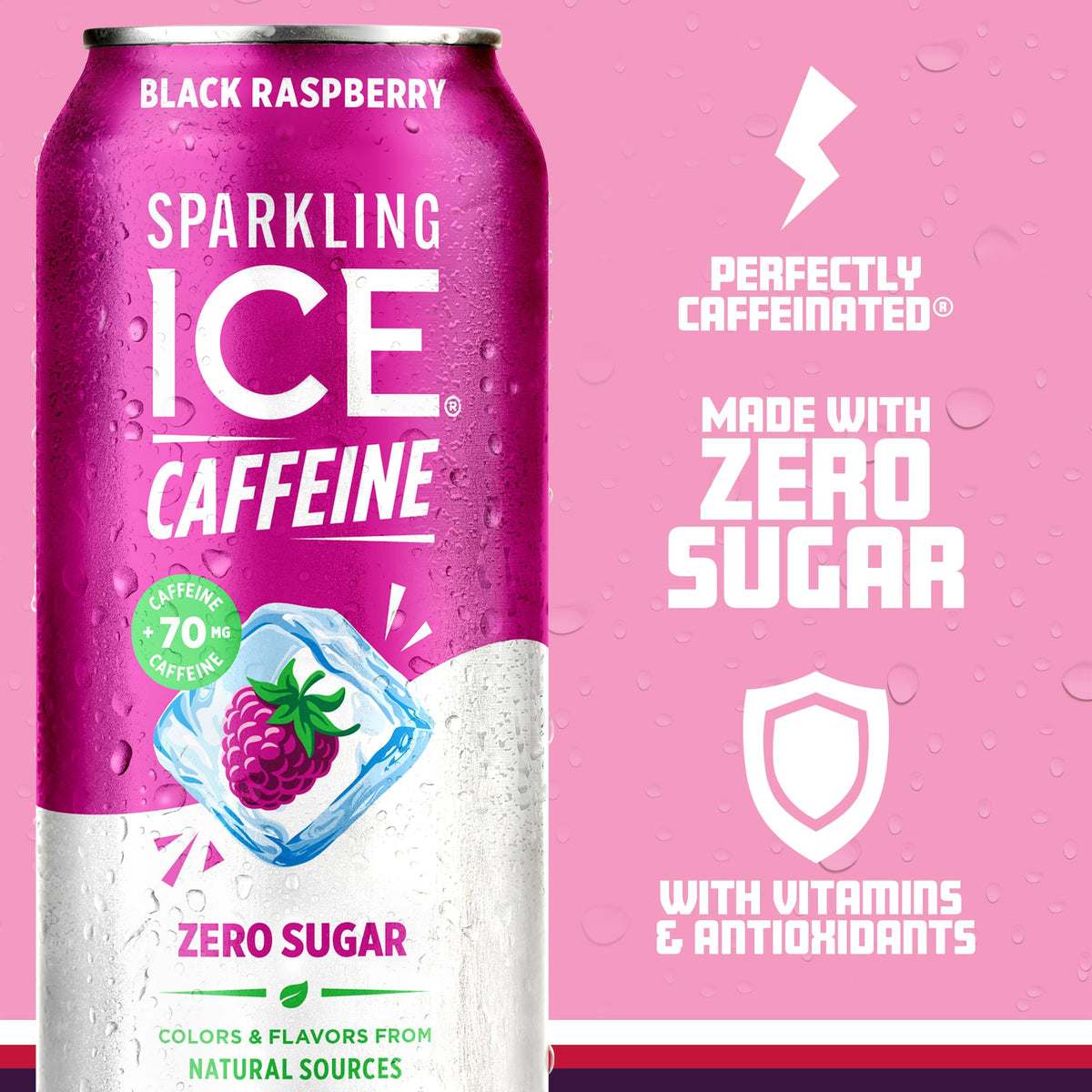 Pouring Sparkling Ice Caffeine Black Raspberry into a glass with bubbles