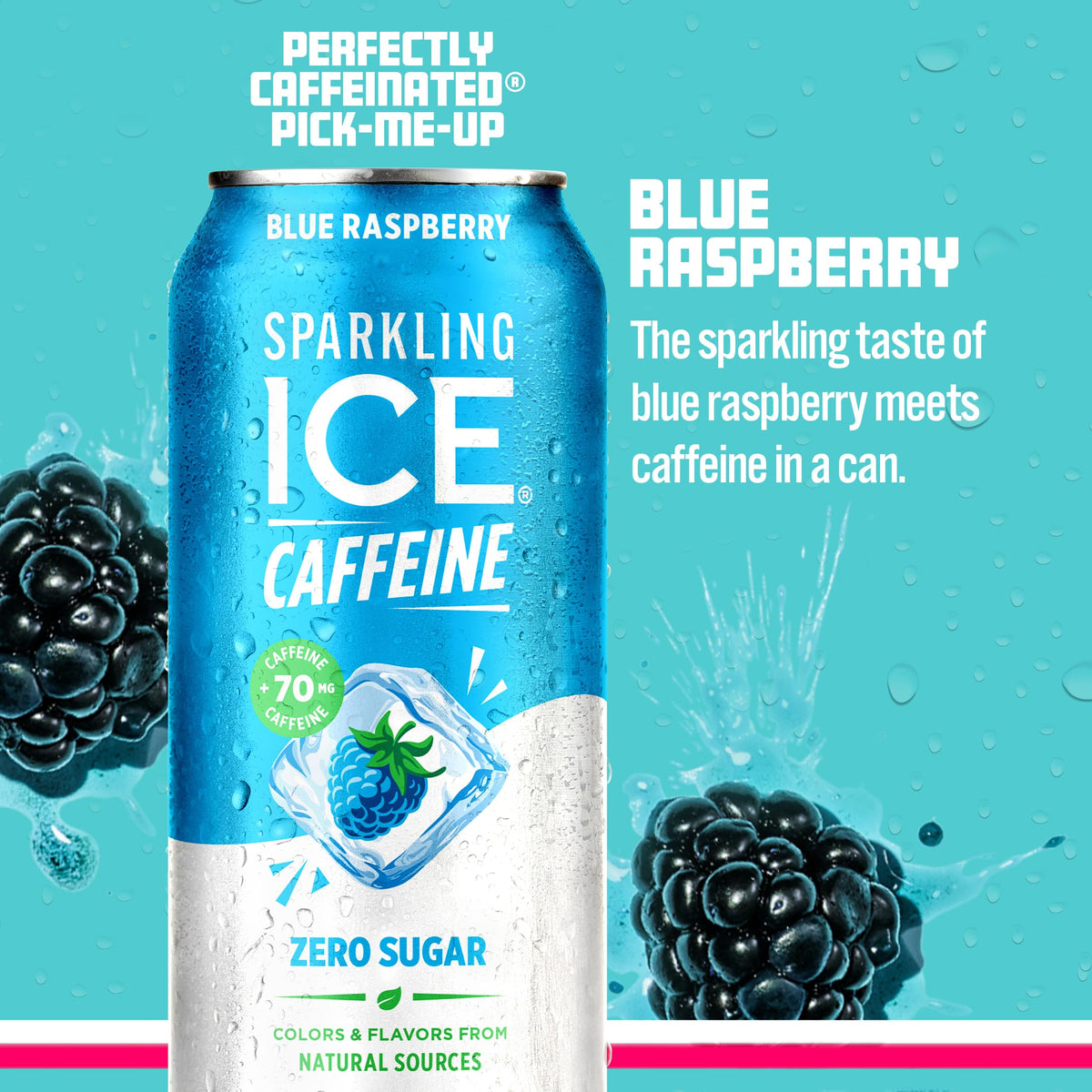 Sparkling Ice Caffeine Blue Raspberry can back view highlighting caffeine content and on-the-go use.