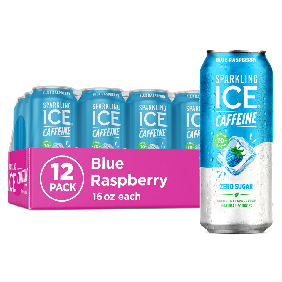 Sparkling Ice Caffeine Blue Raspberry can front view showing vibrant color and energy.