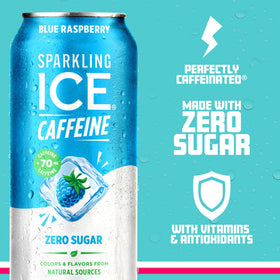 Sparkling Ice Caffeine Blue Raspberry can side view emphasizing zero sugar and flavor intensity.