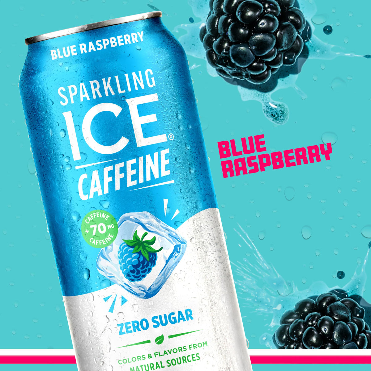 Sparkling Ice Caffeine Blue Raspberry glass pour conveys fizz and a refreshing lift.
