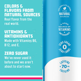 Sparkling Ice Caffeine Blue Raspberry label closeup showing vitamins and natural colors.