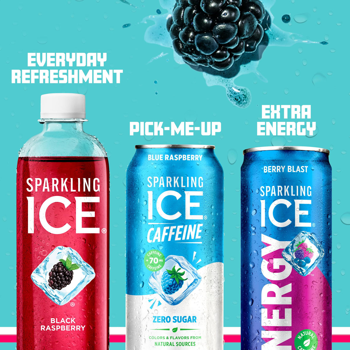 Sparkling Ice Caffeine Blue Raspberry 12-pack cans for convenient refreshment on the go.