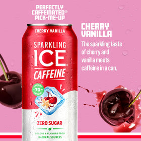Close-up of Sparkling Ice Caffeine Cherry Vanilla label highlighting vitamins.