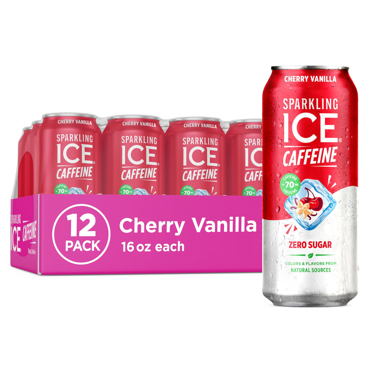 Sparkling Ice Caffeine Cherry Vanilla can, bold flavor with a caffeine boost.