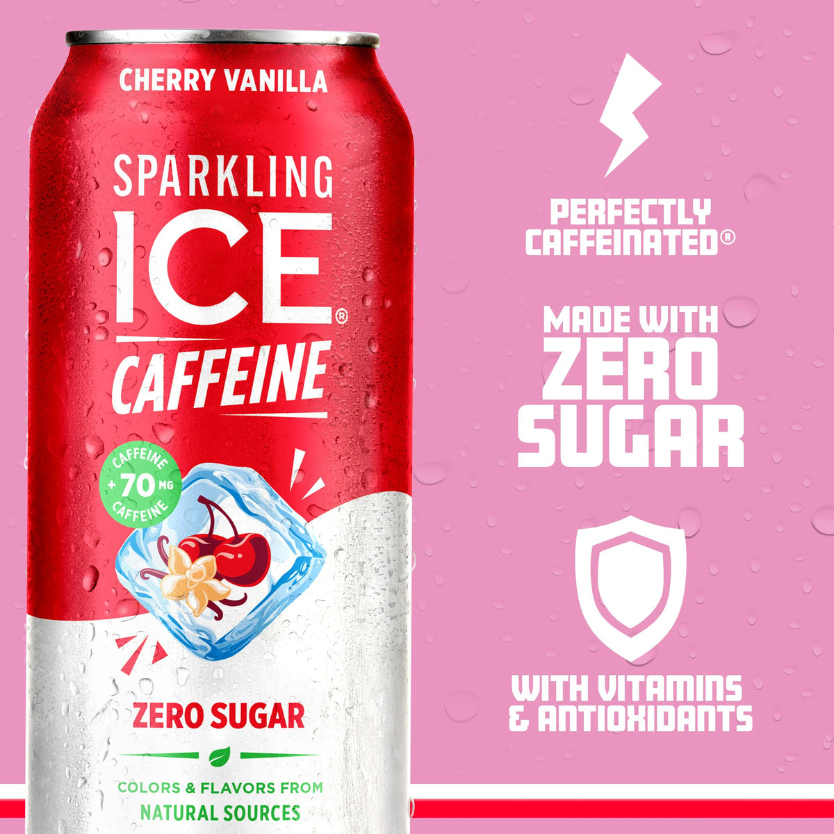 Sparkling Ice Caffeine Cherry Vanilla glass poured, refreshing daytime pick-me-up.