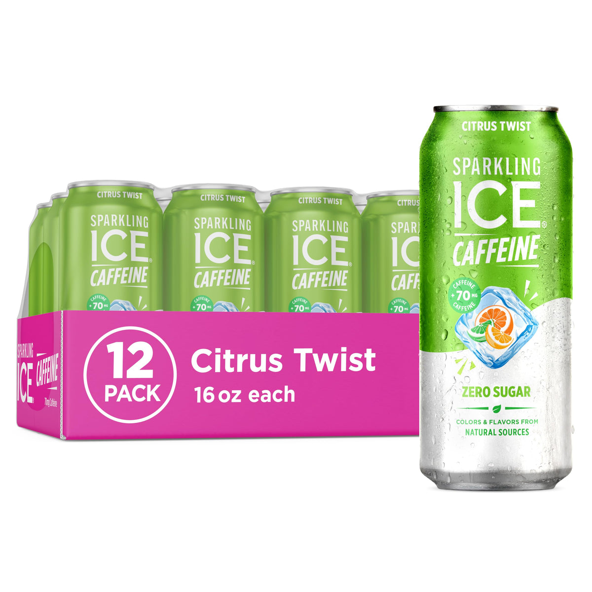 Sparkling Ice Caffeine Citrus Twist can front highlights zero sugar and vitamin B6 benefits.