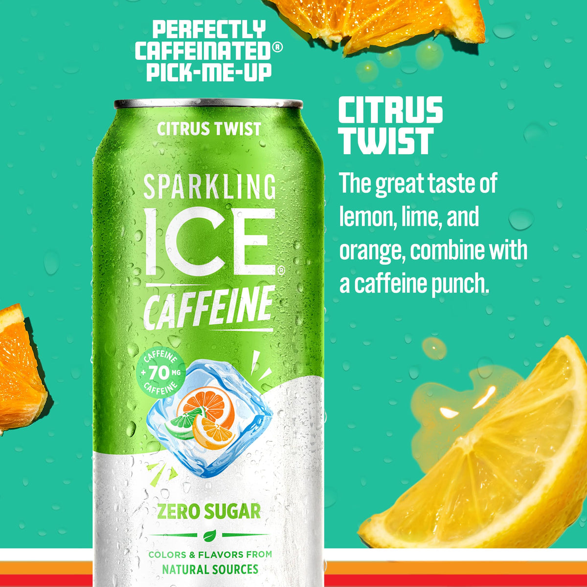 Sparkling Ice Caffeine Citrus Twist can side view shows caffeine boost and citrus aroma.