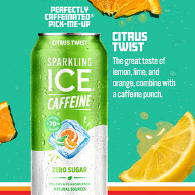 Sparkling Ice Caffeine Citrus Twist can side view shows caffeine boost and citrus aroma.