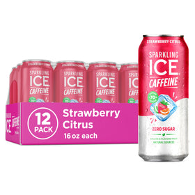 Sparkling Ice Caffeine Strawberry Citrus 16oz can pack with refreshing berry flavor