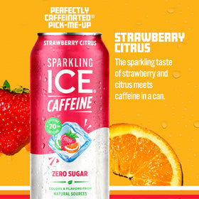 Sparkling Ice Caffeine Strawberry Citrus can beside a glass showcasing flavor
