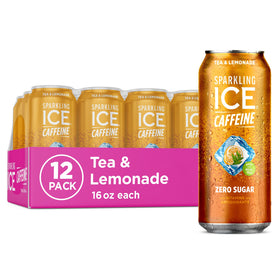 Sparkling Ice Caffeine Tea + Lemonade can close-up highlights zero sugar and caffeine boost