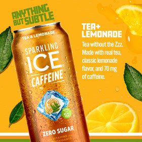 Sparkling Ice Caffeine Tea + Lemonade glass pour shows refreshing tea-lemonade blend