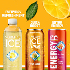 Sparkling Ice Caffeine Tea + Lemonade ingredient imagery suggests antioxidants and refreshment