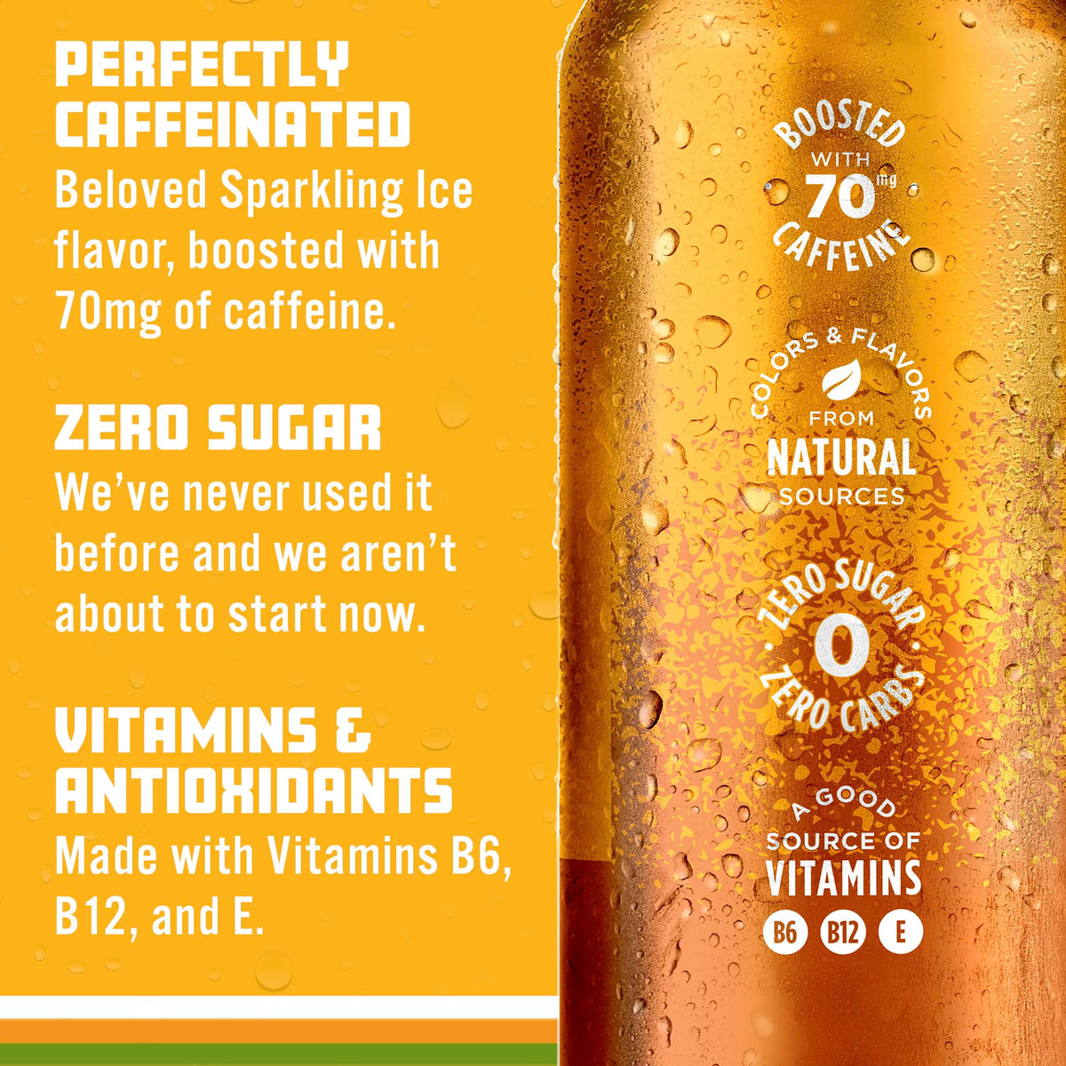 Sparkling Ice Caffeine Tea + Lemonade label close-up shows vitamins A and D