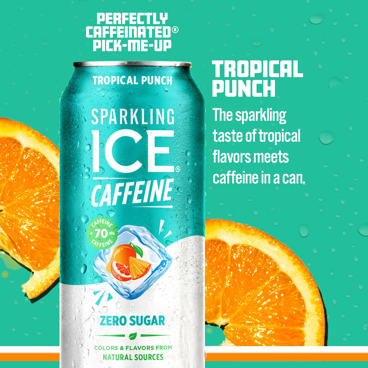 Sparkling Ice Caffeine Tropical Punch can side nutrition panel highlights zero sugar and low calories