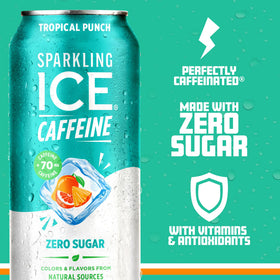Sparkling Ice Caffeine Tropical Punch label close-up with vibrant branding and tropical notes